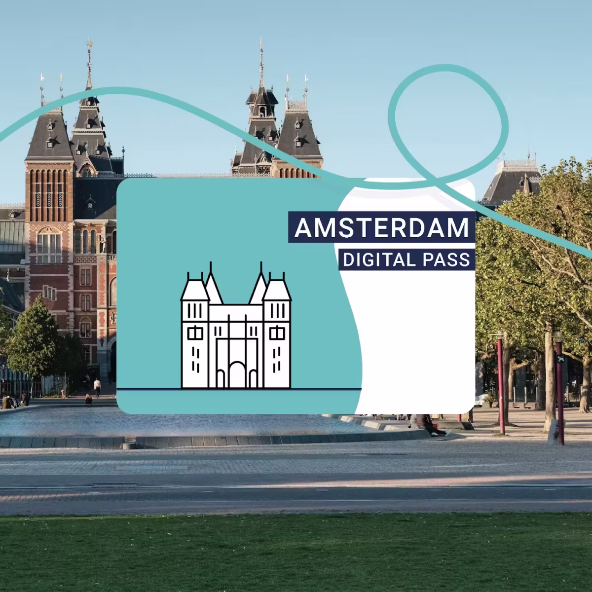 An Amsterdam Digital Pass is shown in front of the Rijksmuseum.
