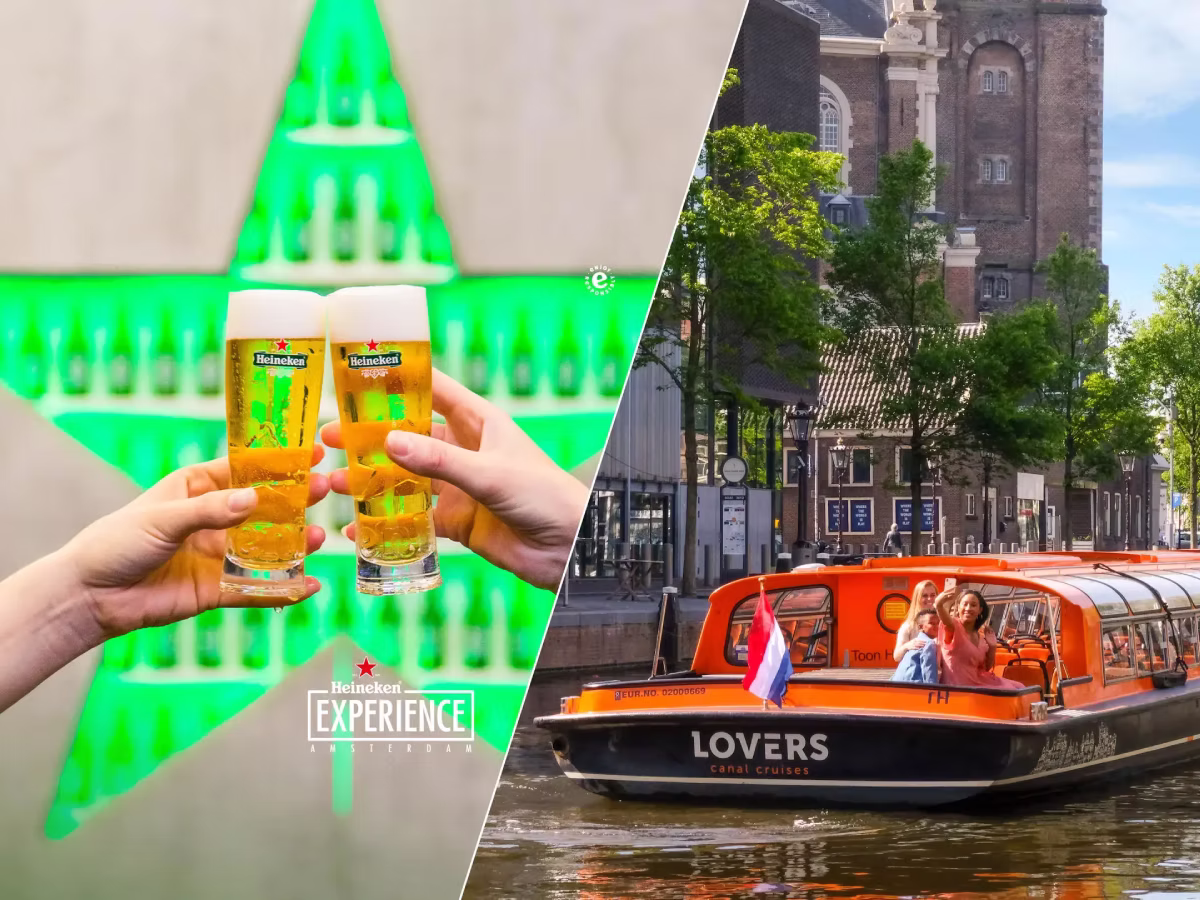 A split image shows the Heineken Experience and a Lovers canal cruise boat in Amsterdam.