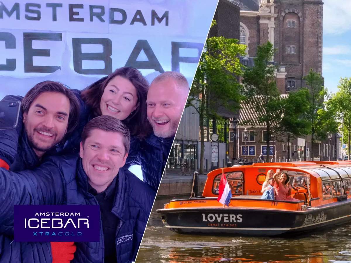 A split image shows visitors at the Amsterdam Icebar and a Lovers canal cruise boat.