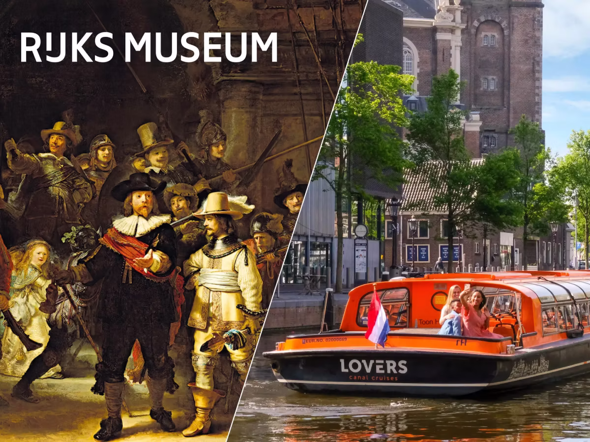 A split image shows the Rijksmuseum and a canal cruise boat in Amsterdam.